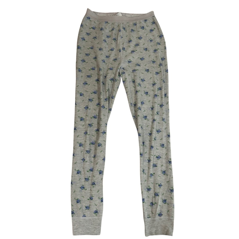 Vintage Womens Thermal Base Layer‎ Pajama Pants Floral Print Grey Blue S